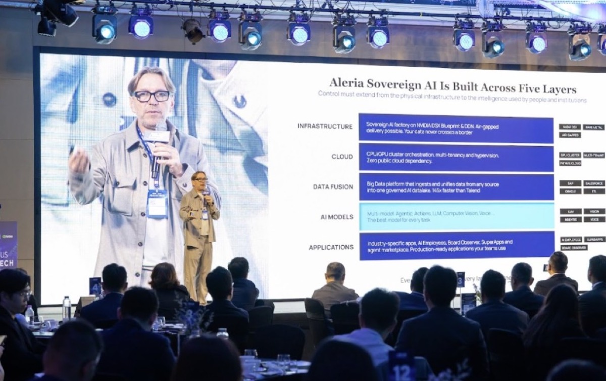 Aleria keynote presenting the five layers of its sovereign AI architecture